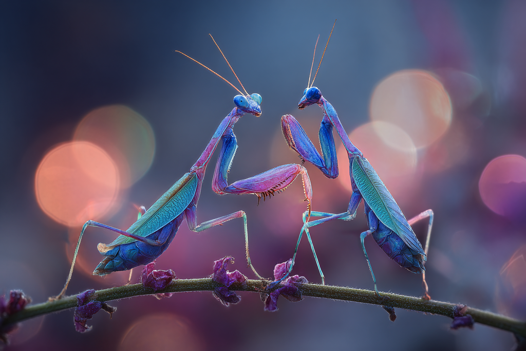 Zwei Bunte Betende Gottesanbeterinnen Auf Einem Zweig Unter Farbenfrohem Unscharfen Hintergrund | Insekten und Amphibien | Tiere