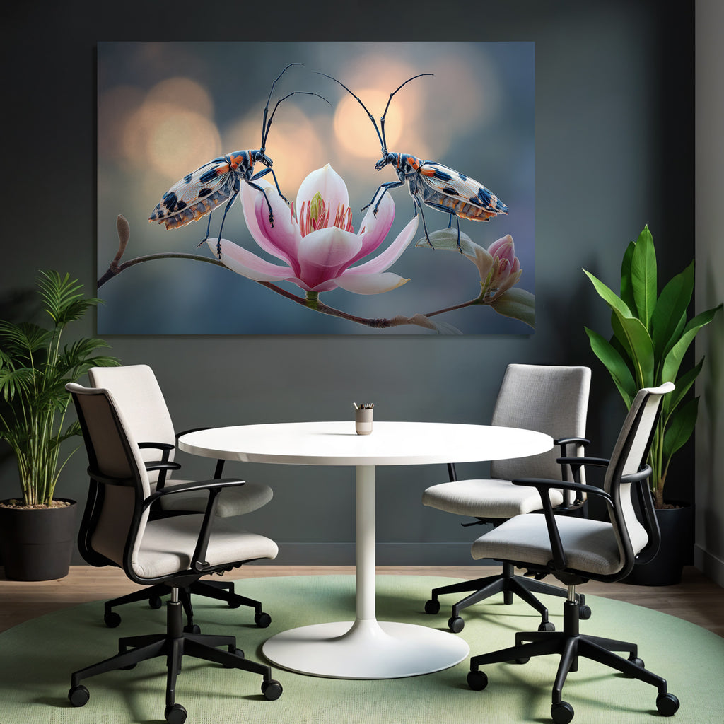 Zwei Bunte Insekten Auf Rosa Blume