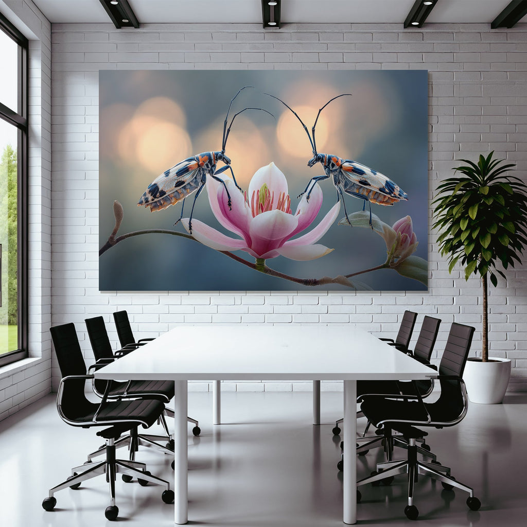 Zwei Bunte Insekten Auf Rosa Blume