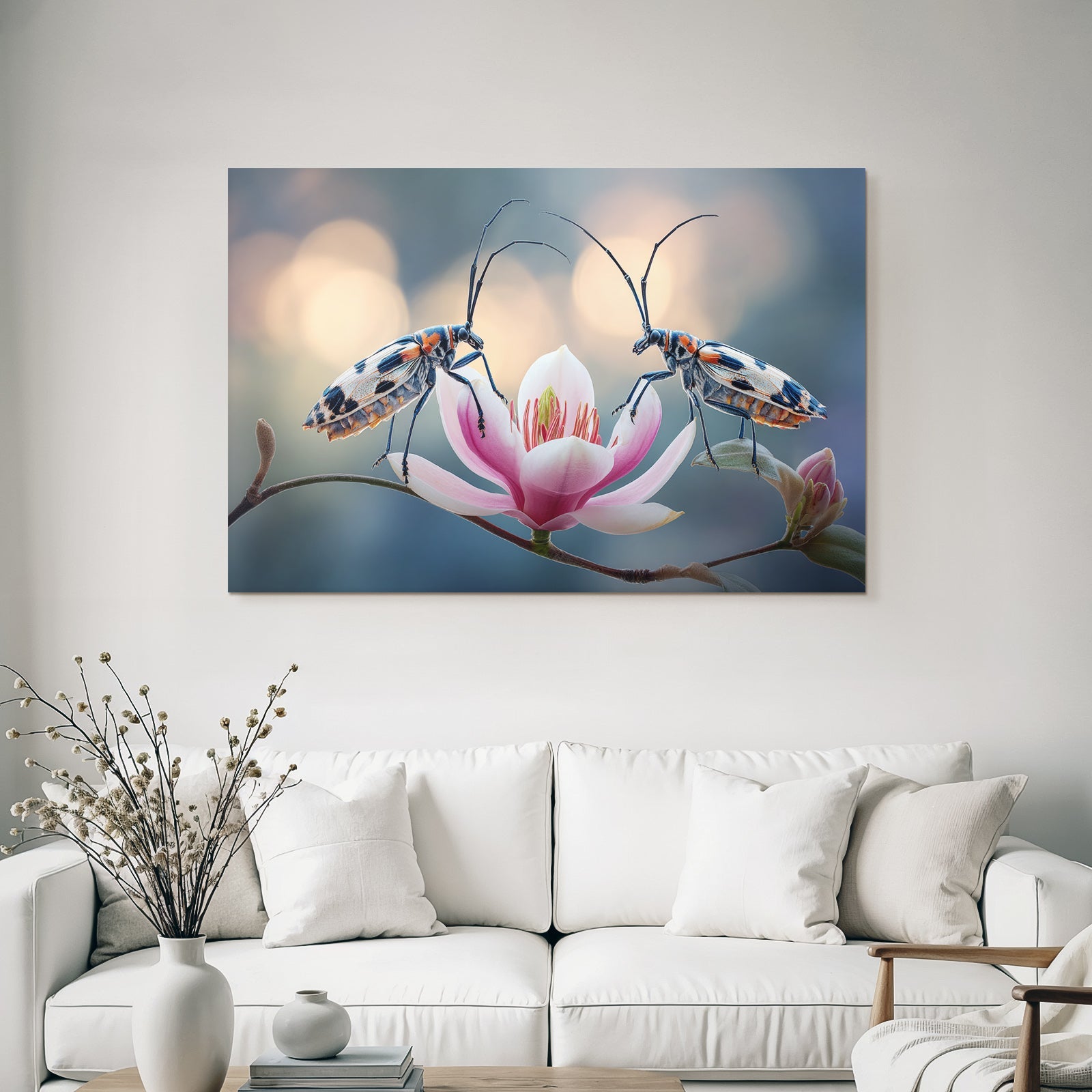 Zwei Bunte Insekten Auf Rosa Blume