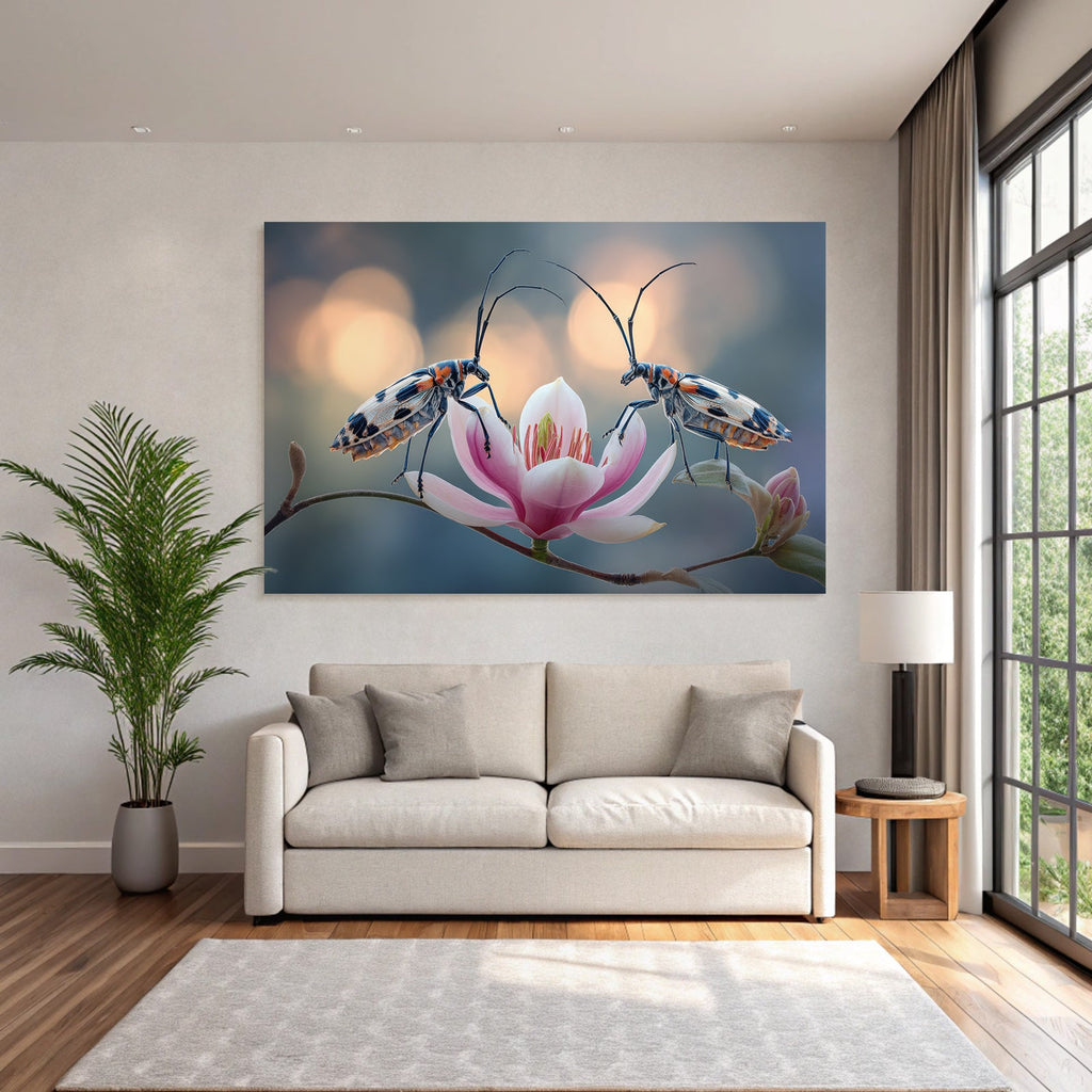 Zwei Bunte Insekten Auf Rosa Blume