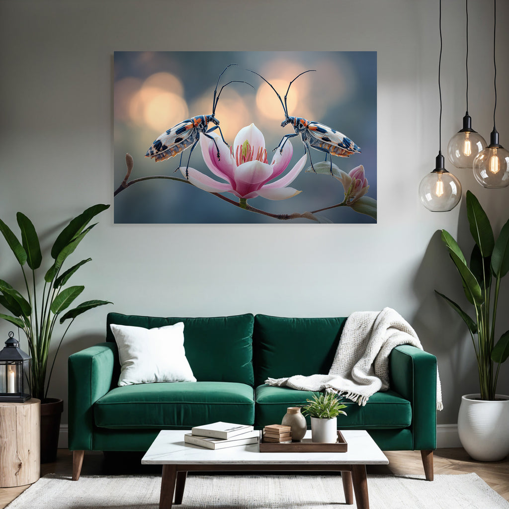 Zwei Bunte Insekten Auf Rosa Blume