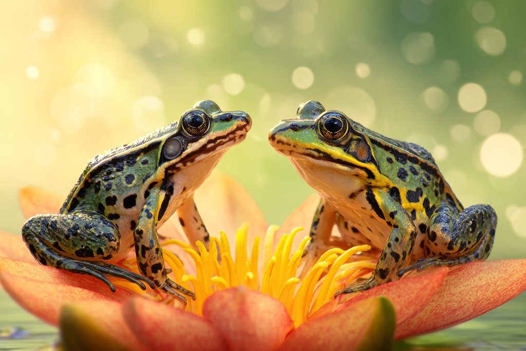 Zwei Frösche Auf Einer Farbenfrohen Wasserlilie Im Ruhigen Naturlandschaft | Insekten und Amphibien | Tiere