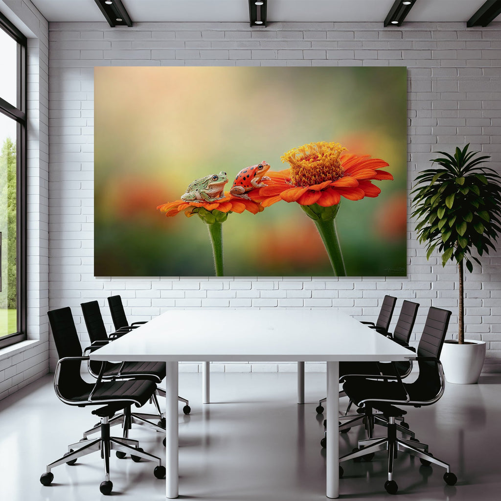 Zwei Frösche Auf Hellorangener Blume Traumhafter Hintergrund