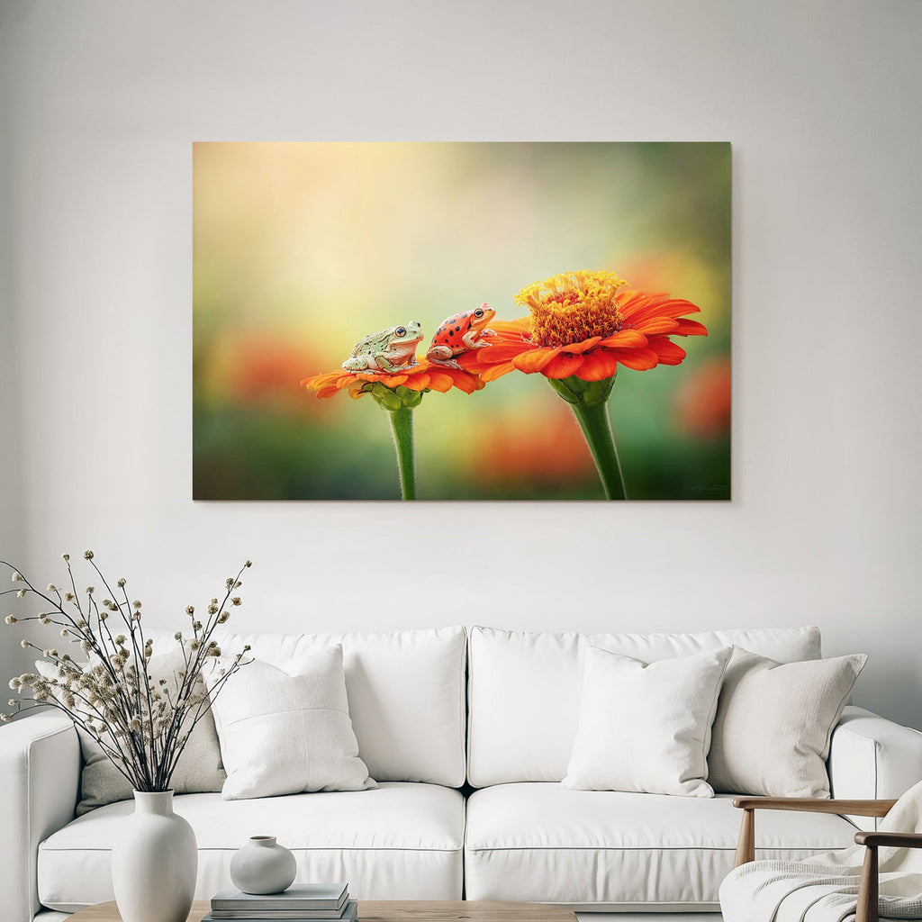 Zwei Frösche Auf Hellorangener Blume Traumhafter Hintergrund