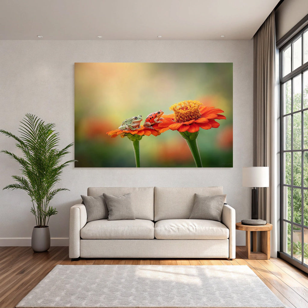 Zwei Frösche Auf Hellorangener Blume Traumhafter Hintergrund