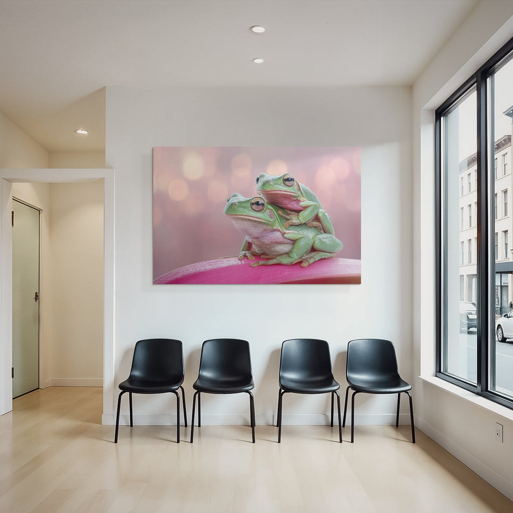 Zwei Frösche Auf Rosa Oberfläche Verwischter Hintergrund