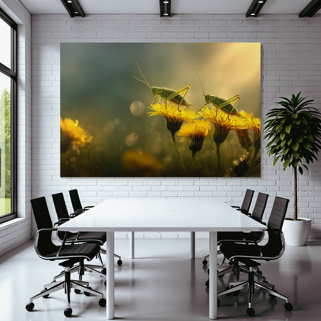 Zwei Grashopper Auf Gelben Blumen