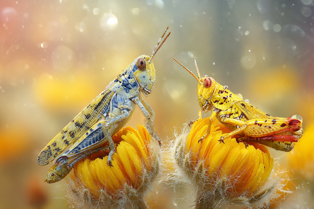 Zwei Heuschrecken Auf Gelben Blumen Farbenfrohe Naheaufnahme | Insekten und Amphibien | Tiere