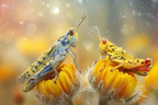 Zwei Heuschrecken Auf Gelben Blumen Farbenfrohe Naheaufnahme | Insekten und Amphibien | Tiere