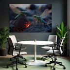 Two lively green grasshoppers on a volcanic rock with glowing lava in the background