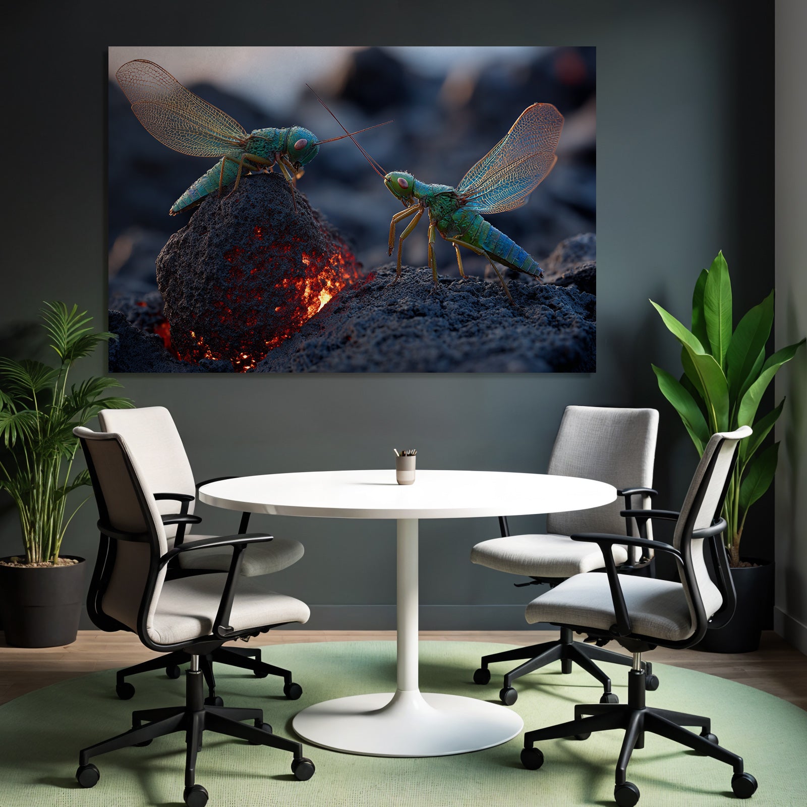 Two lively green grasshoppers on a volcanic rock with glowing lava in the background