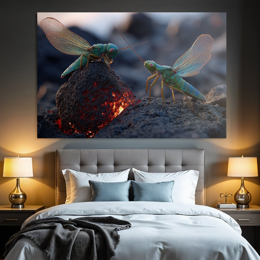 Two lively green grasshoppers on a volcanic rock with glowing lava in the background