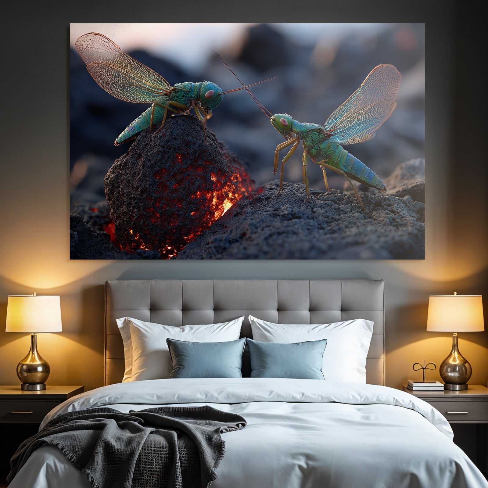 Two lively green grasshoppers on a volcanic rock with glowing lava in the background