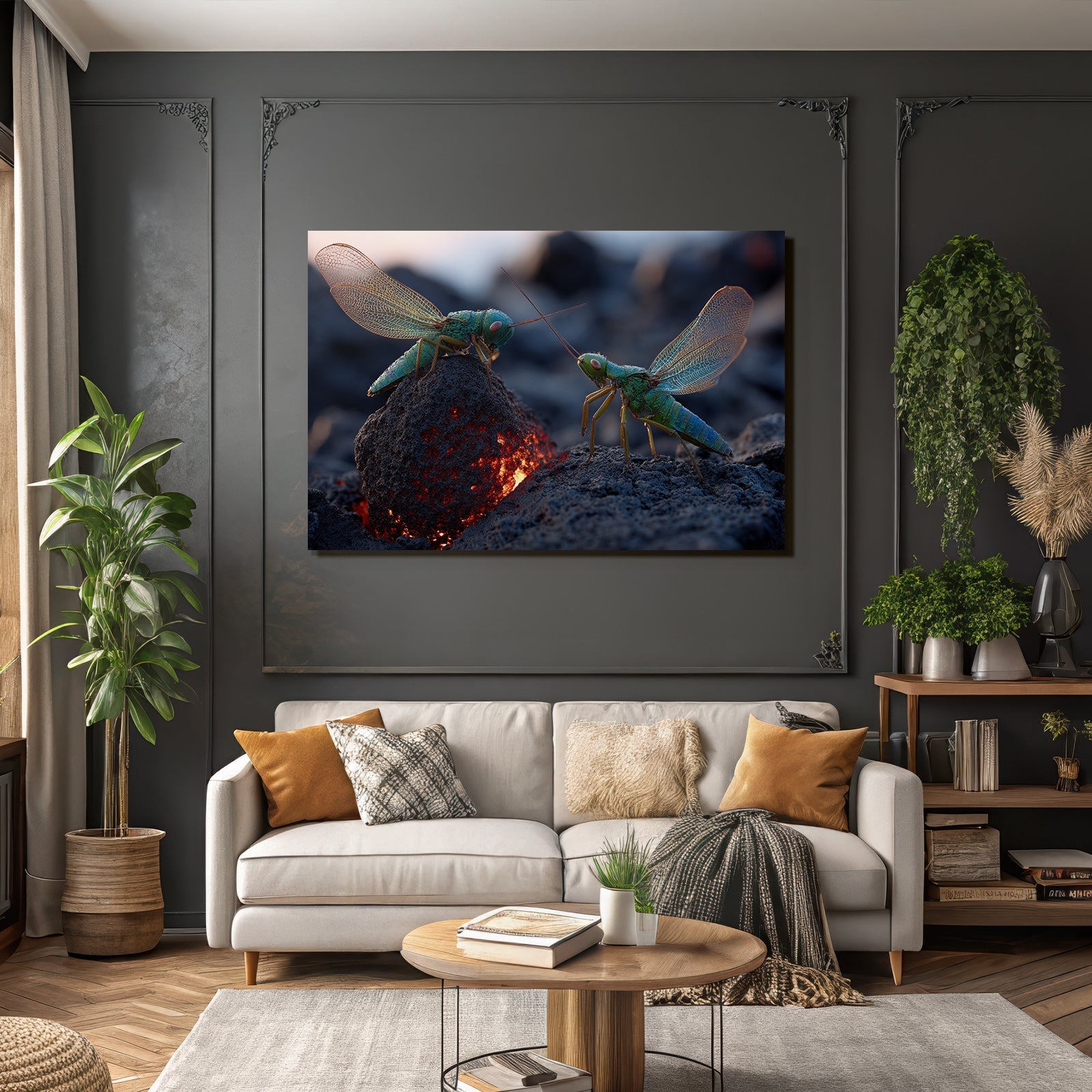 Two lively green grasshoppers on a volcanic rock with glowing lava in the background