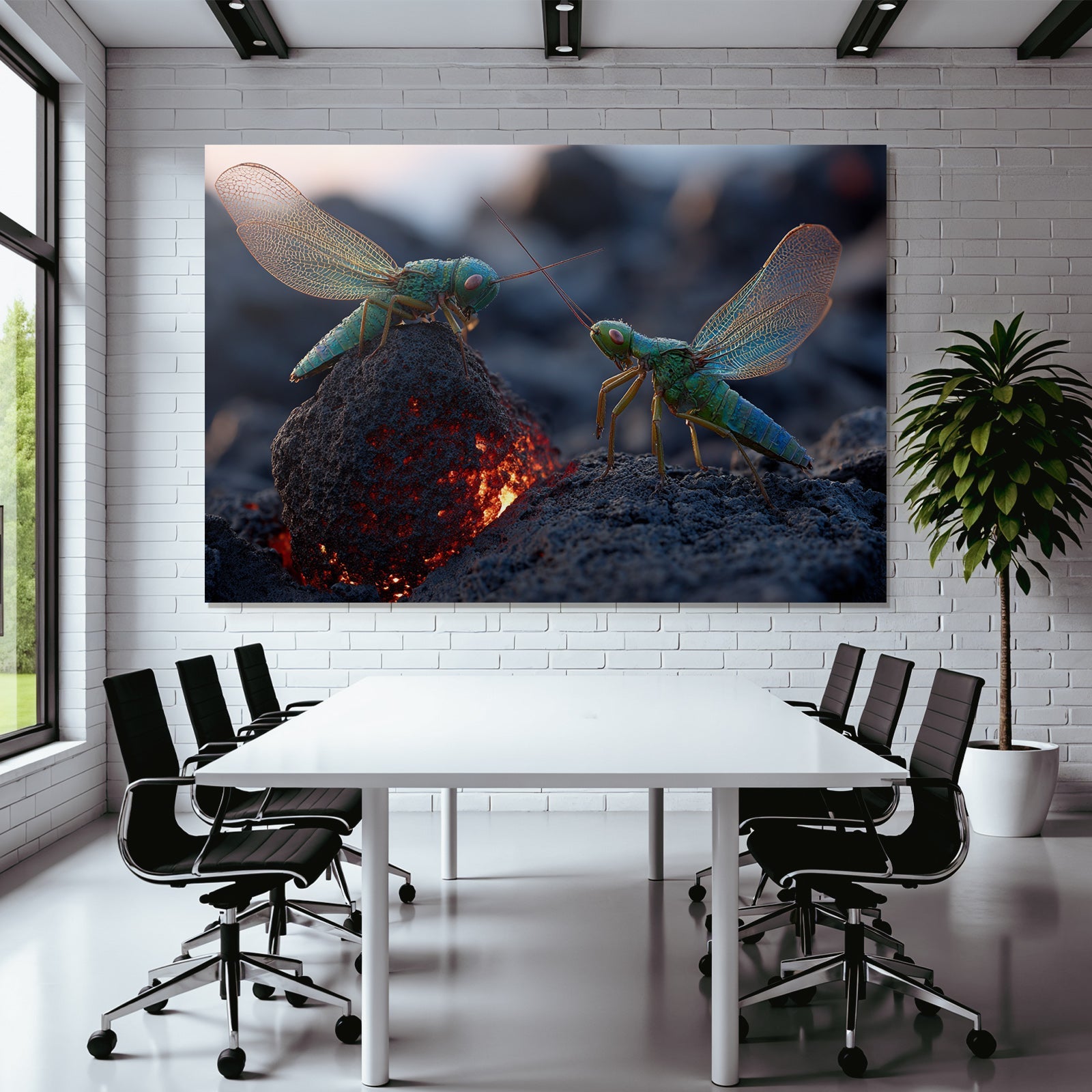 Two lively green grasshoppers on a volcanic rock with glowing lava in the background