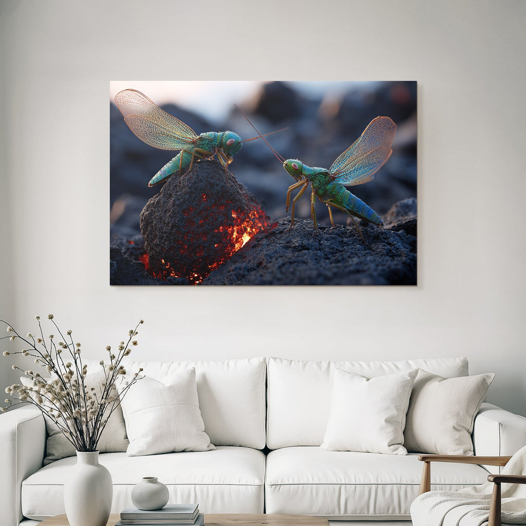 Two lively green grasshoppers on a volcanic rock with glowing lava in the background