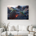 Two lively green grasshoppers on a volcanic rock with glowing lava in the background