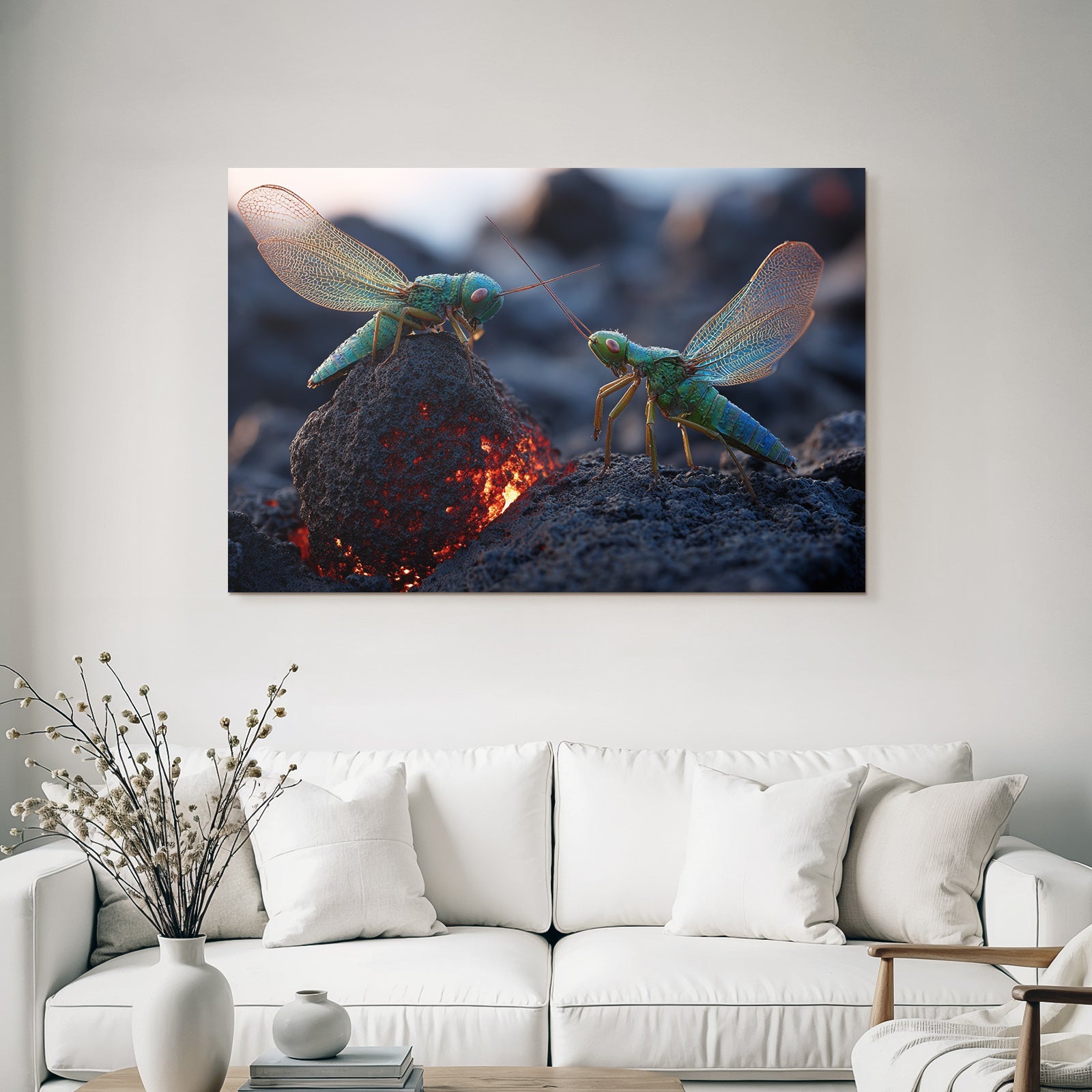 Two lively green grasshoppers on a volcanic rock with glowing lava in the background