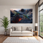 Two lively green grasshoppers on a volcanic rock with glowing lava in the background