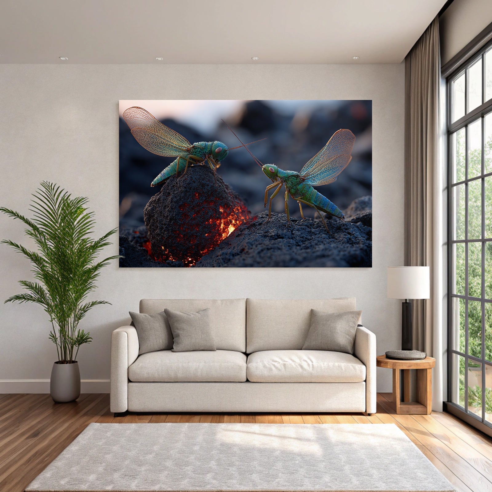 Two lively green grasshoppers on a volcanic rock with glowing lava in the background