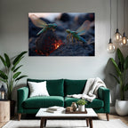 Two lively green grasshoppers on a volcanic rock with glowing lava in the background
