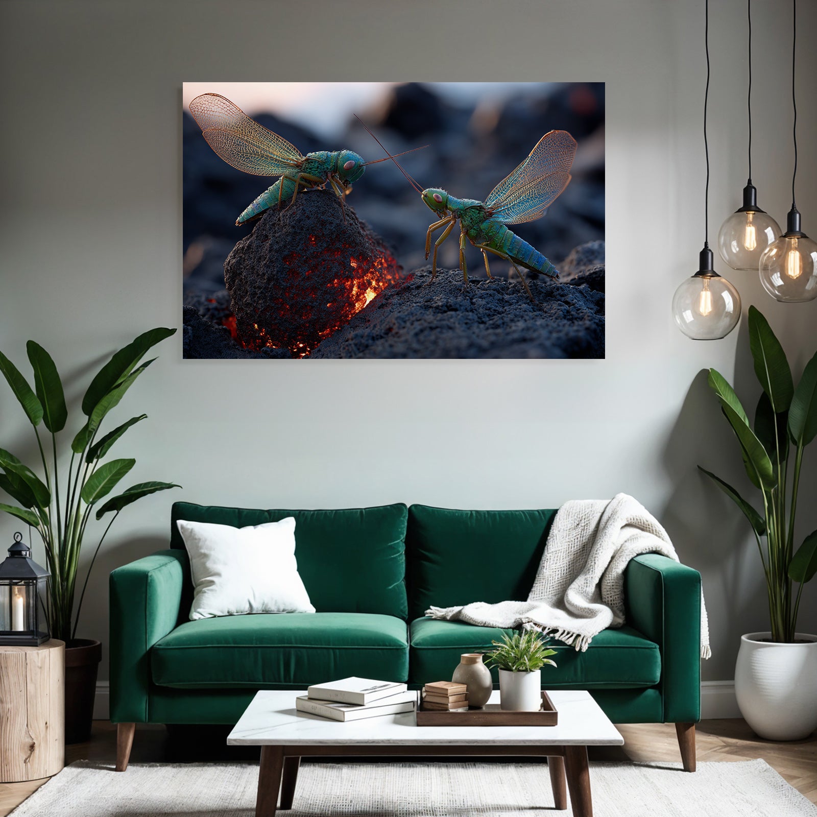 Two lively green grasshoppers on a volcanic rock with glowing lava in the background