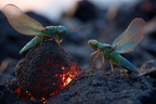 Zwei Lebhafte Grune Grashupfer Auf Einem Vulkanischen Felsen Mit Gluhender Lava Im Hintergrund | Insekten und Amphibien | Tiere