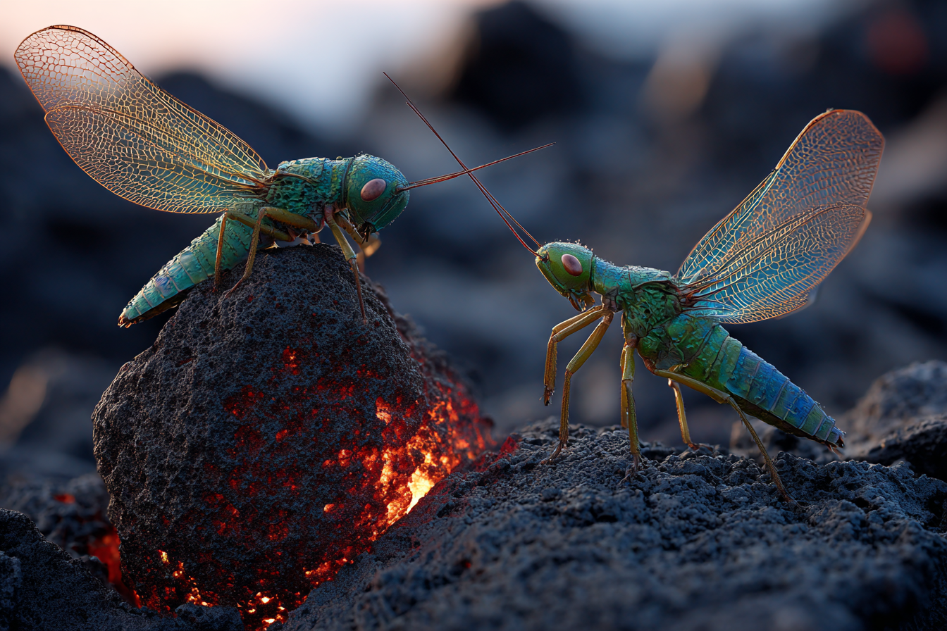 Zwei Lebhafte Grune Grashupfer Auf Einem Vulkanischen Felsen Mit Gluhender Lava Im Hintergrund | Insekten und Amphibien | Tiere