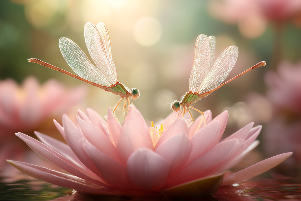 Zwei Libellen Auf Pinker Wasserlilie | Insekten und Amphibien | Tiere