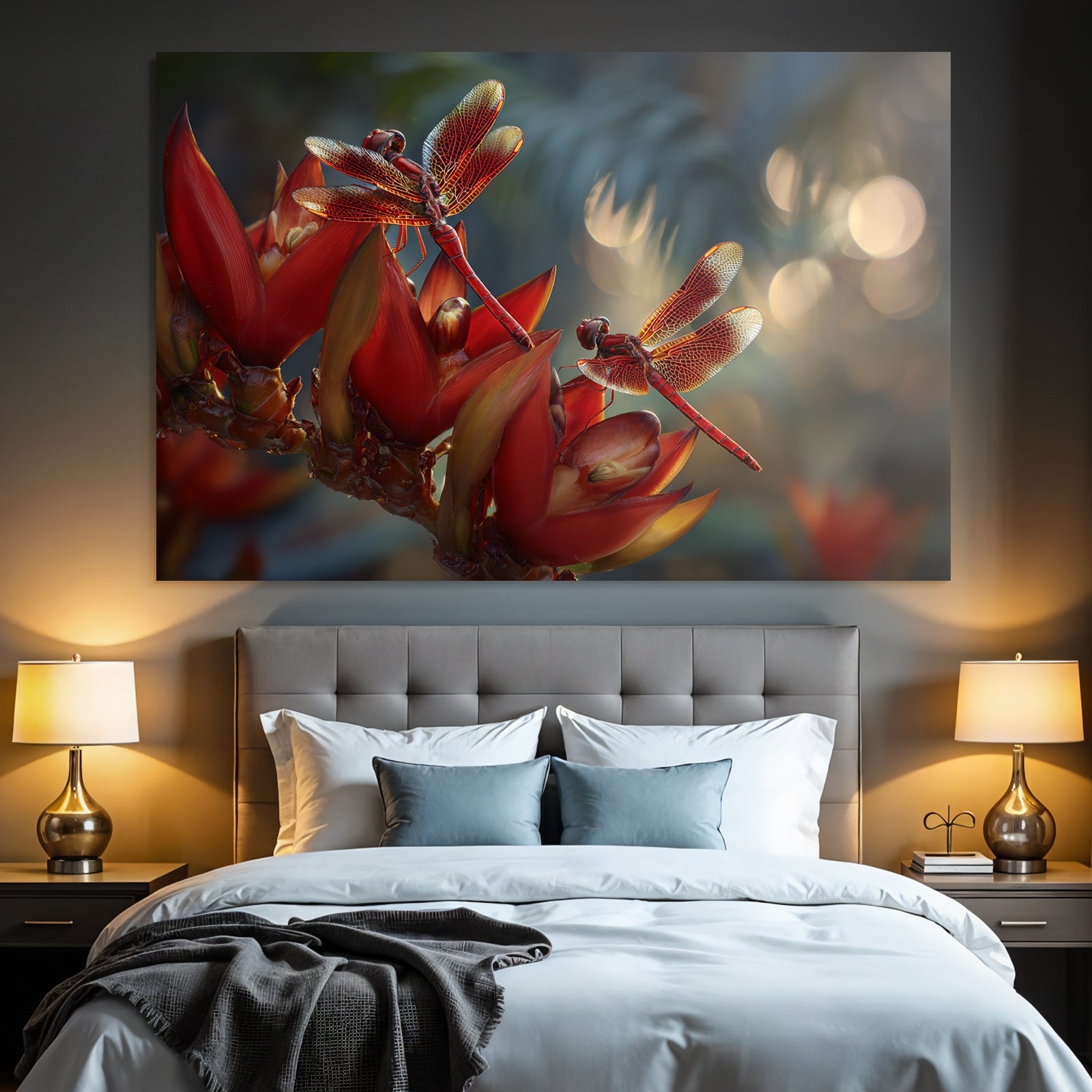 Two Red Dragonflies on Vibrant Red Flowers