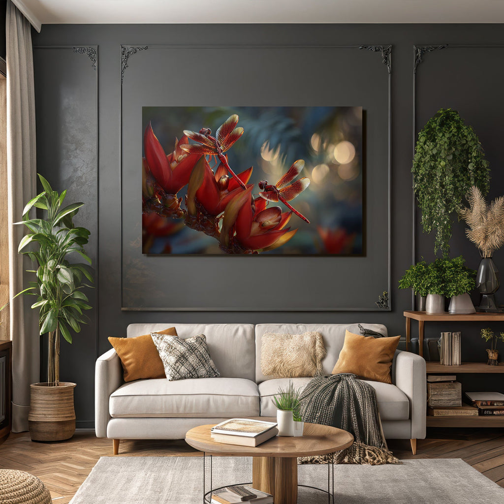 Two Red Dragonflies on Vibrant Red Flowers