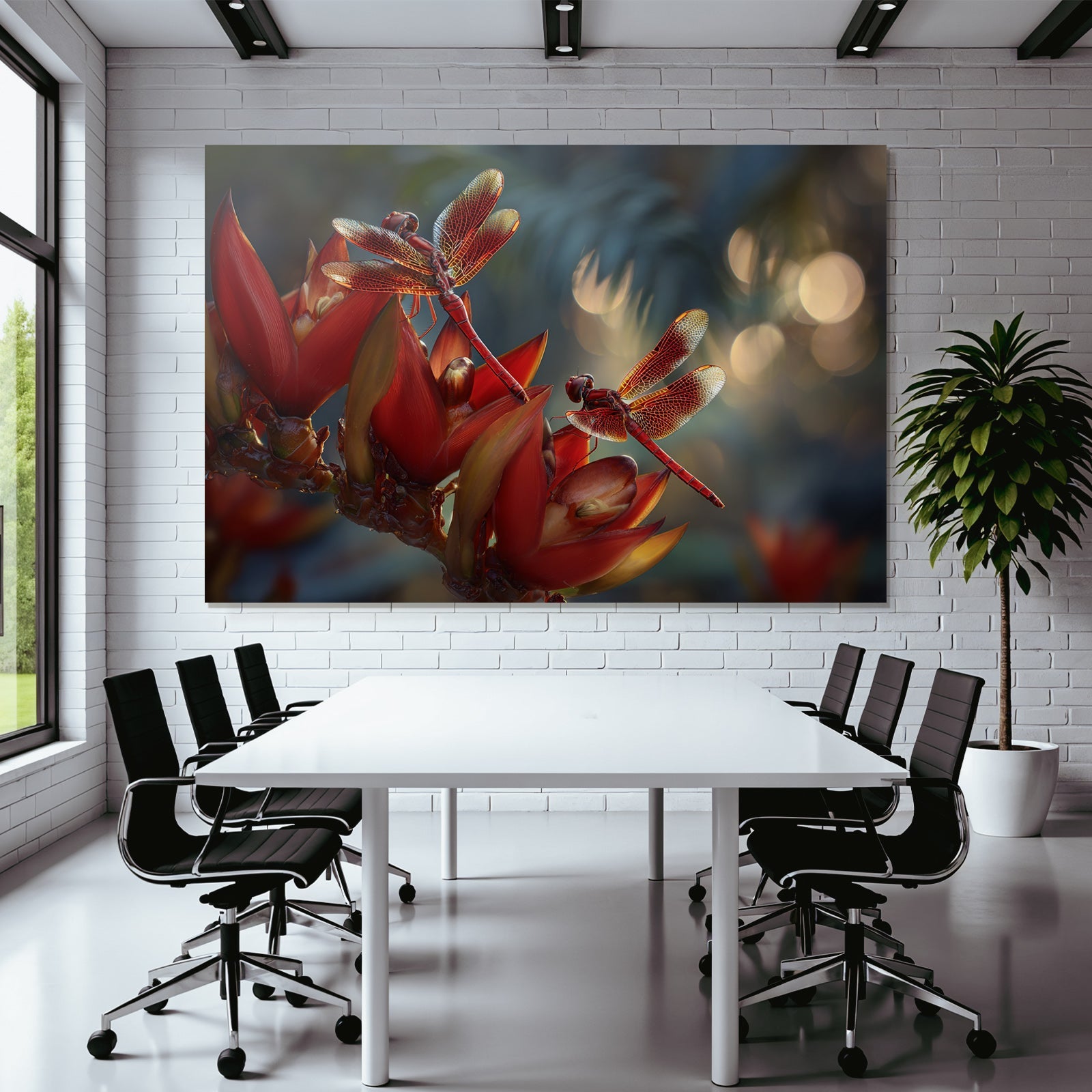Two Red Dragonflies on Vibrant Red Flowers