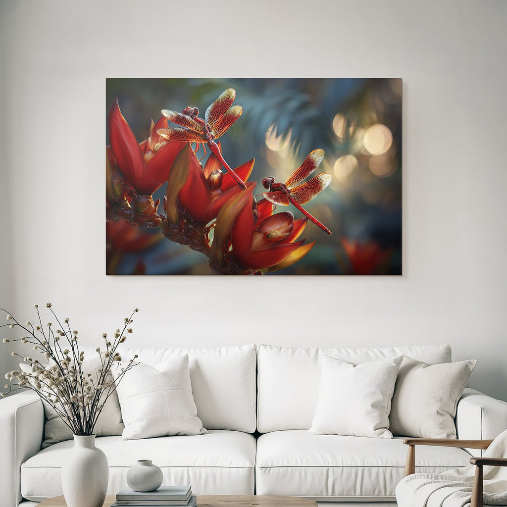 Two Red Dragonflies on Vibrant Red Flowers