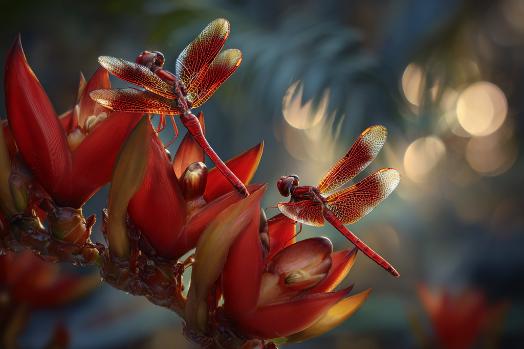 Zwei Rote Drachenfliegen Auf Vibranten Roten Blumen | Insekten und Amphibien | Tiere