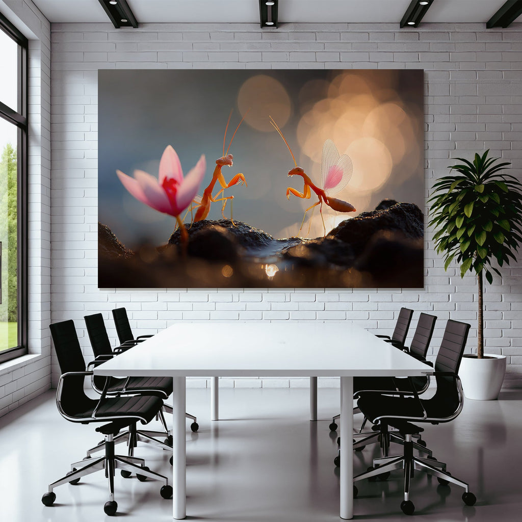 Zweifarbige Mantis Mit Pinker Blume Im Traumhaften Licht