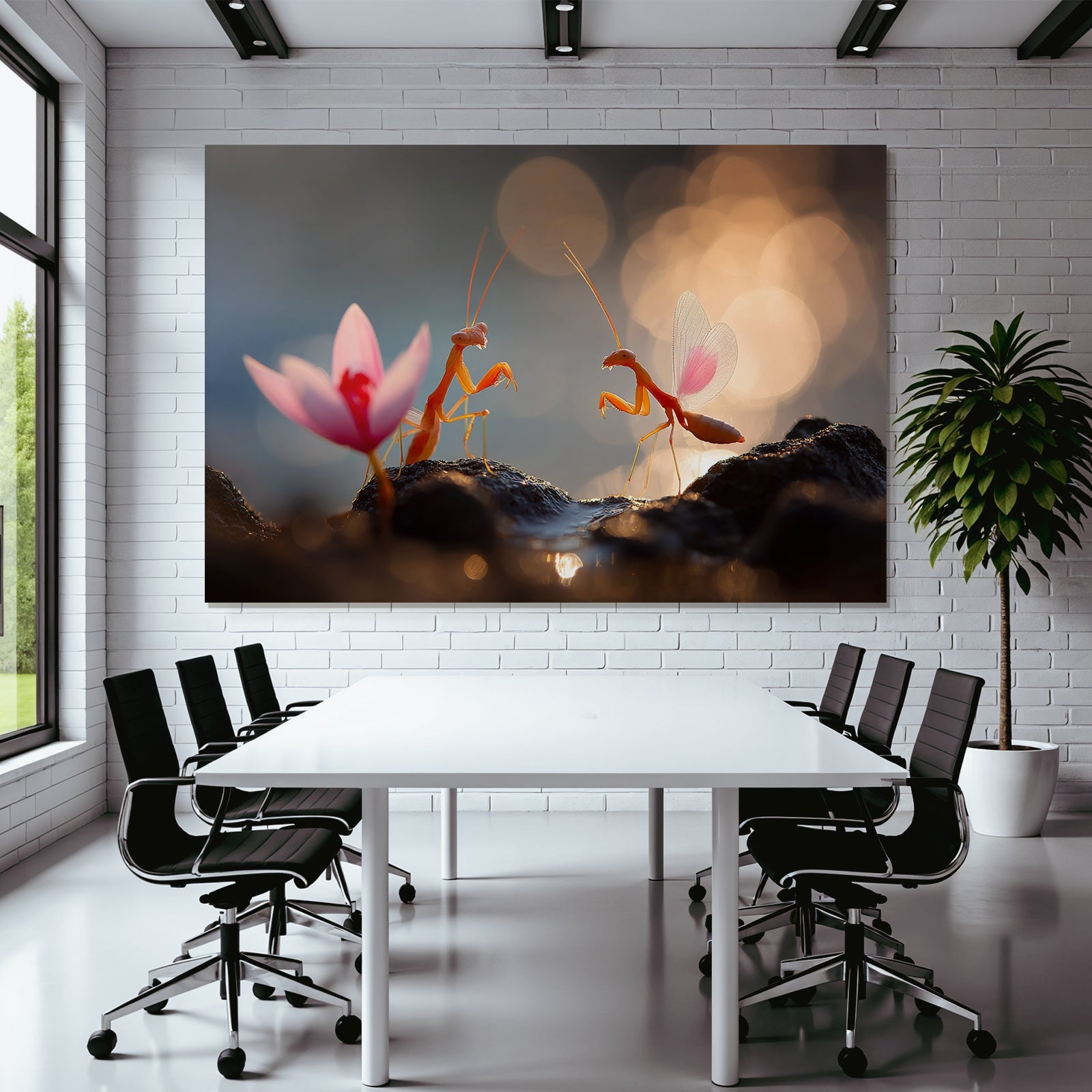 Zweifarbige Mantis Mit Pinker Blume Im Traumhaften Licht