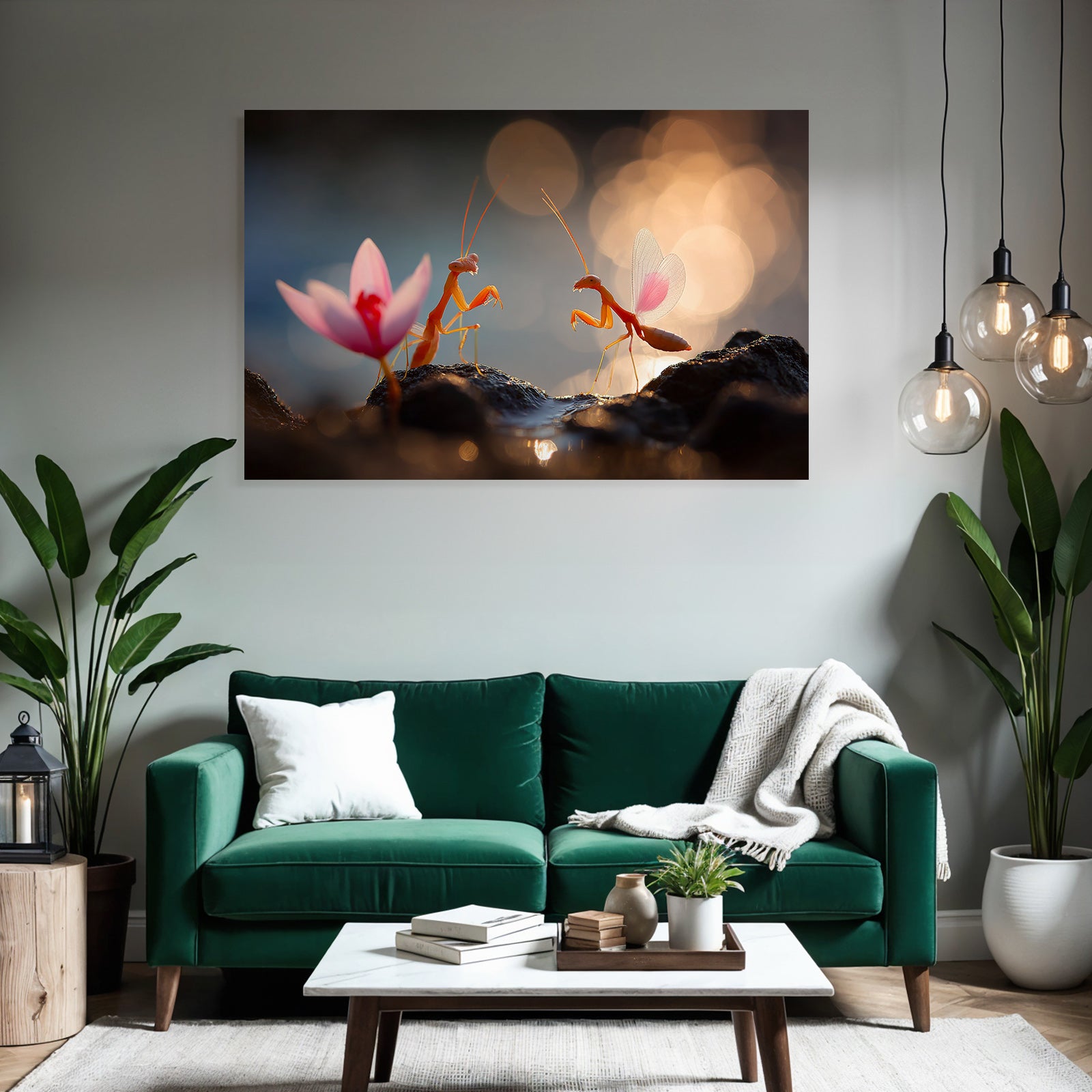 Zweifarbige Mantis Mit Pinker Blume Im Traumhaften Licht