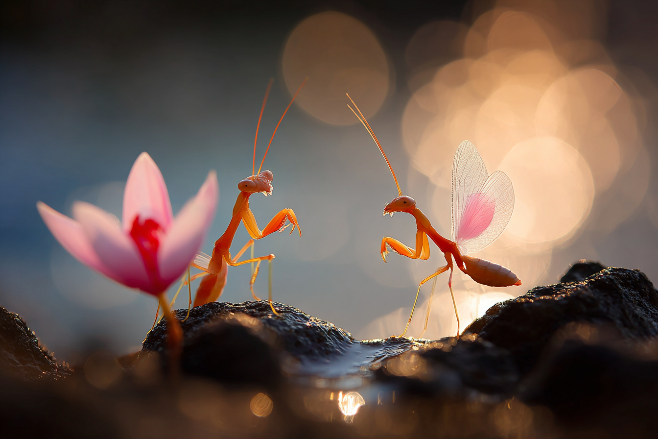 Zweifarbige Mantis Mit Pinker Blume Im Traumhaften Licht | Insekten und Amphibien | Tiere