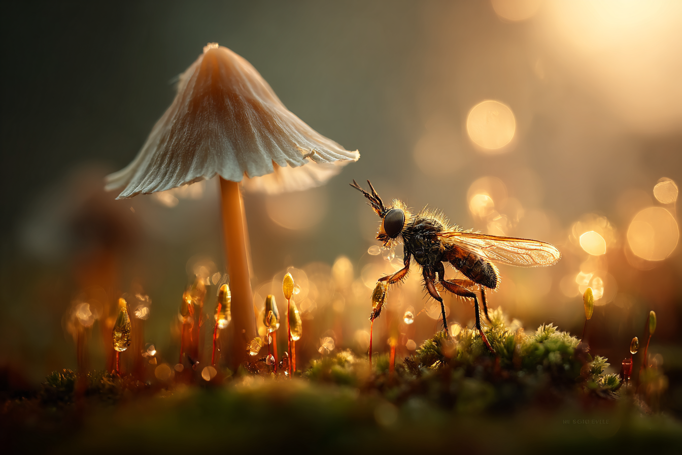 Makroaufnahme Kleine Fliege Umgeben Mit Tautropfen Moos Und Pilz | Insekten und Amphibien | Tiere