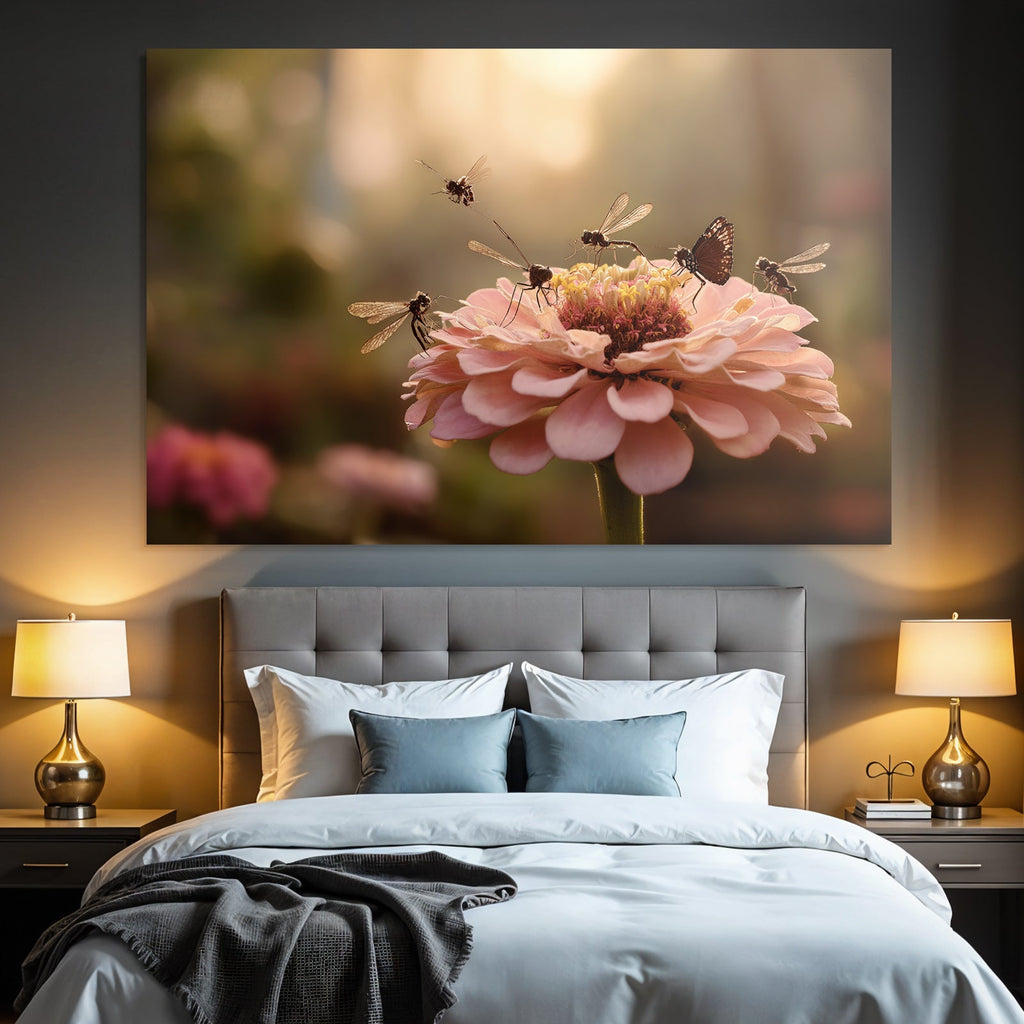 Nahaufnahme Zinnien Blume Insekten Pollination Morgenlicht