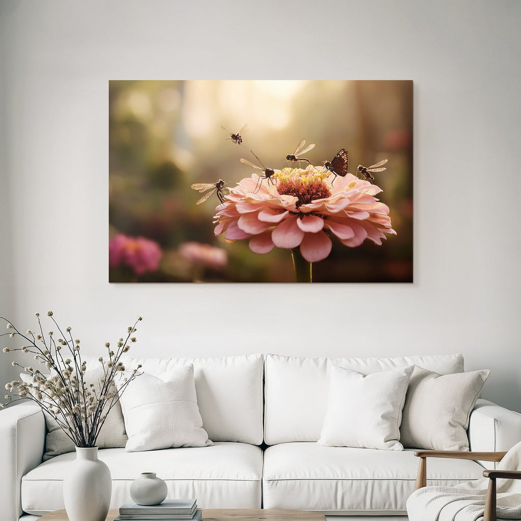 Nahaufnahme Zinnien Blume Insekten Pollination Morgenlicht