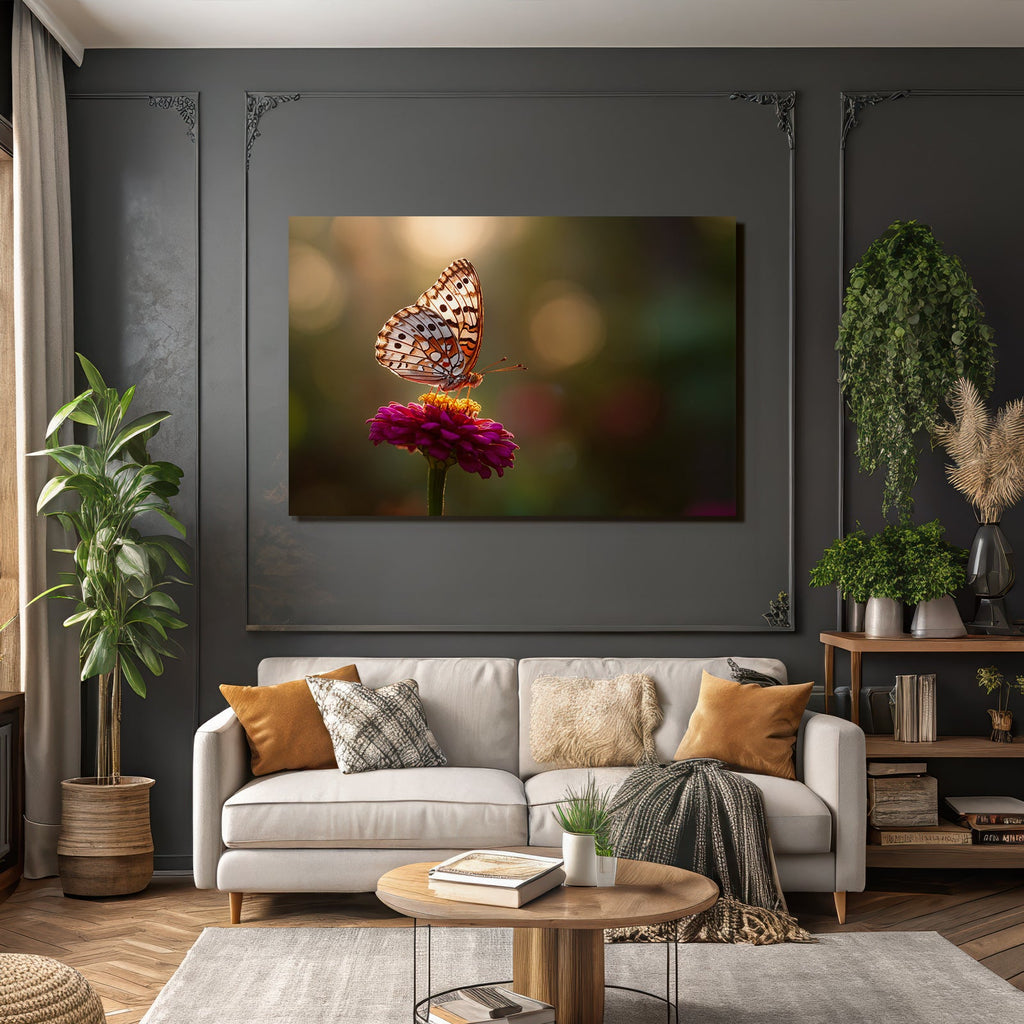 Schmetterling Auf Blume Goldene Stunde Unscharfer Hintergrund