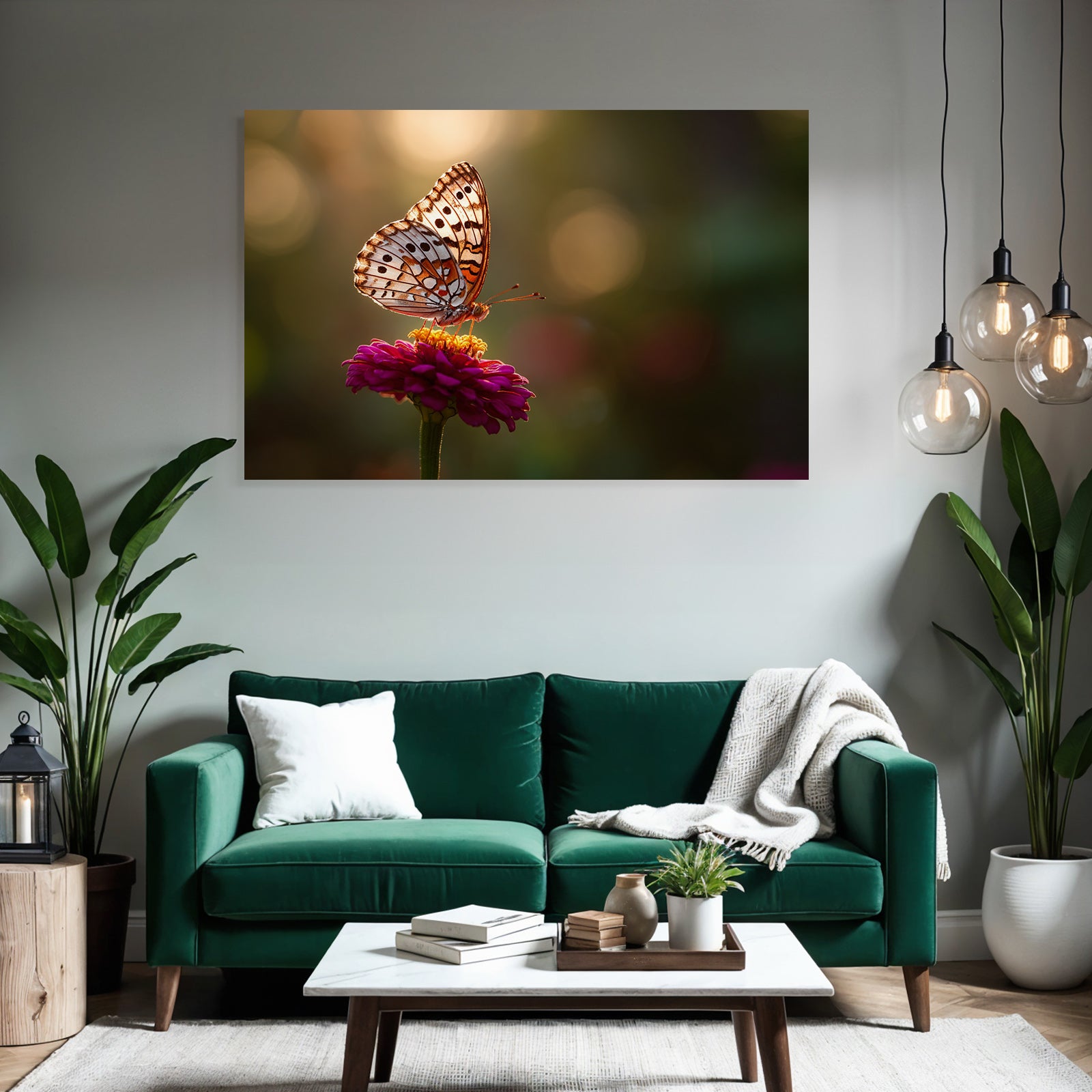 Schmetterling Auf Blume Goldene Stunde Unscharfer Hintergrund