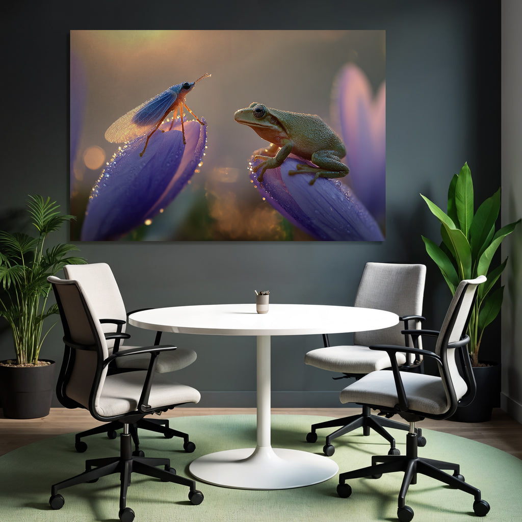 Zauberhafte Insektenszene Zikade Blütenblatt Frosch Sonnenaufgang