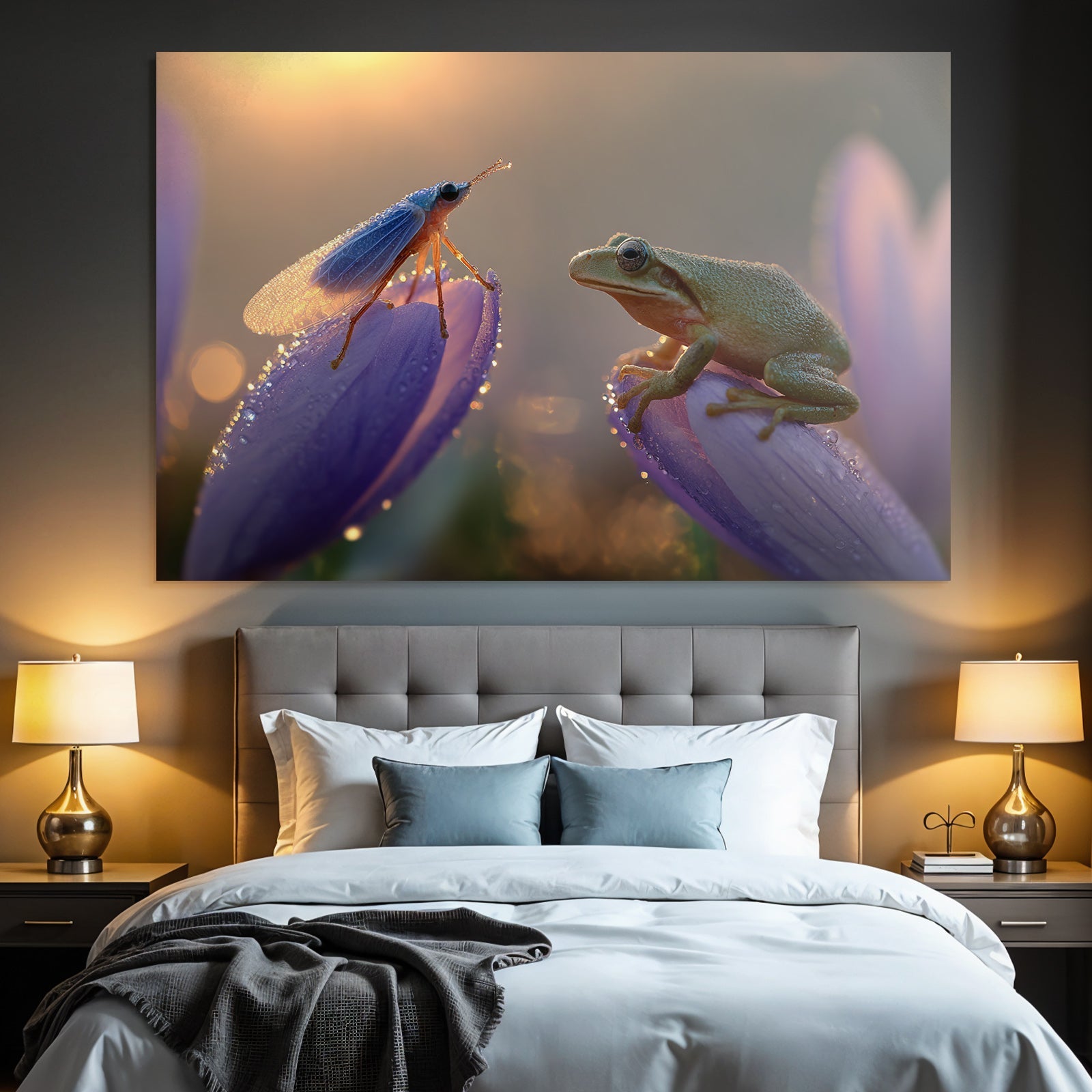 Zauberhafte Insektenszene Zikade Blütenblatt Frosch Sonnenaufgang