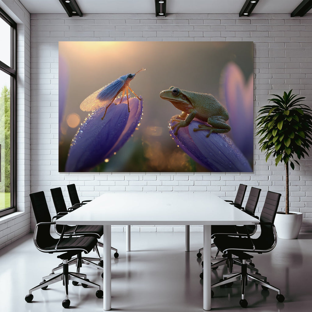 Zauberhafte Insektenszene Zikade Blütenblatt Frosch Sonnenaufgang
