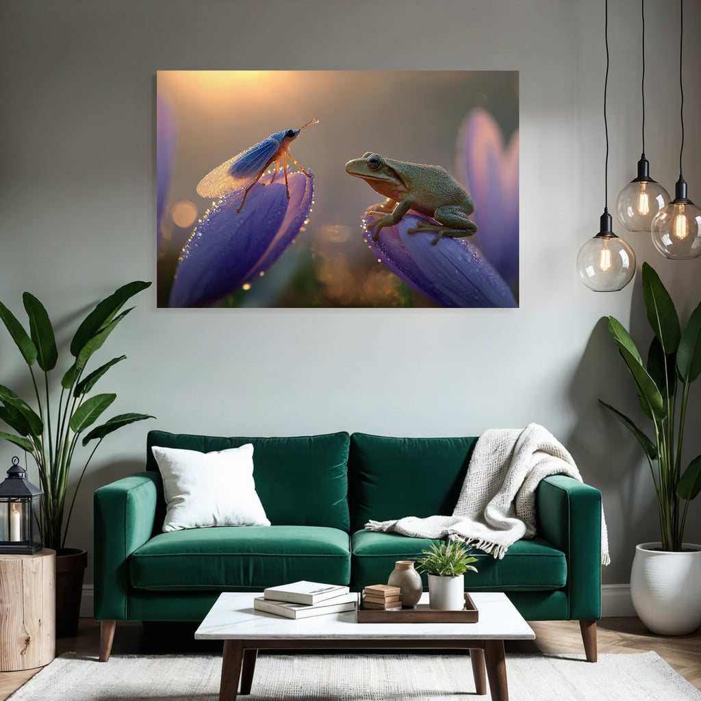 Zauberhafte Insektenszene Zikade Blütenblatt Frosch Sonnenaufgang