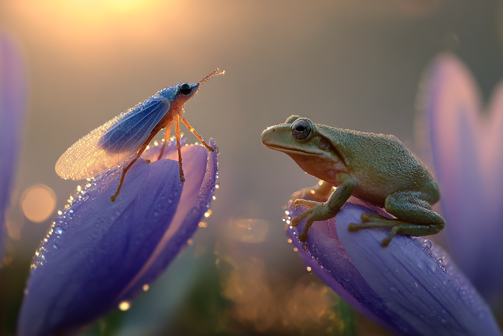 Zauberhafte Insektenszene Zikade Blütenblatt Frosch Sonnenaufgang | Insekten und Amphibien | Tiere