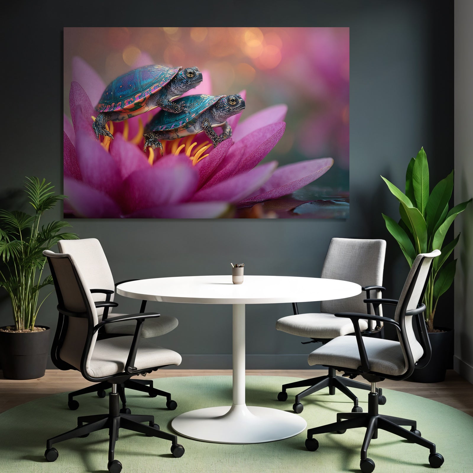 Two small turtles on a pink water lily